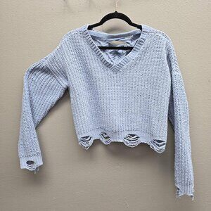 Hazel Moon Sweater Womens Medium Blue Distressed V-Neck Lace-Up Back Cropped